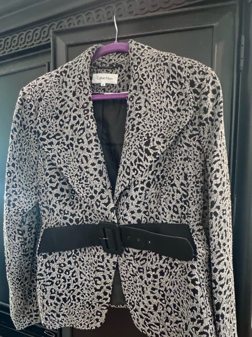 Calvin Klein Black and White Leopard-Print Belted Blazer